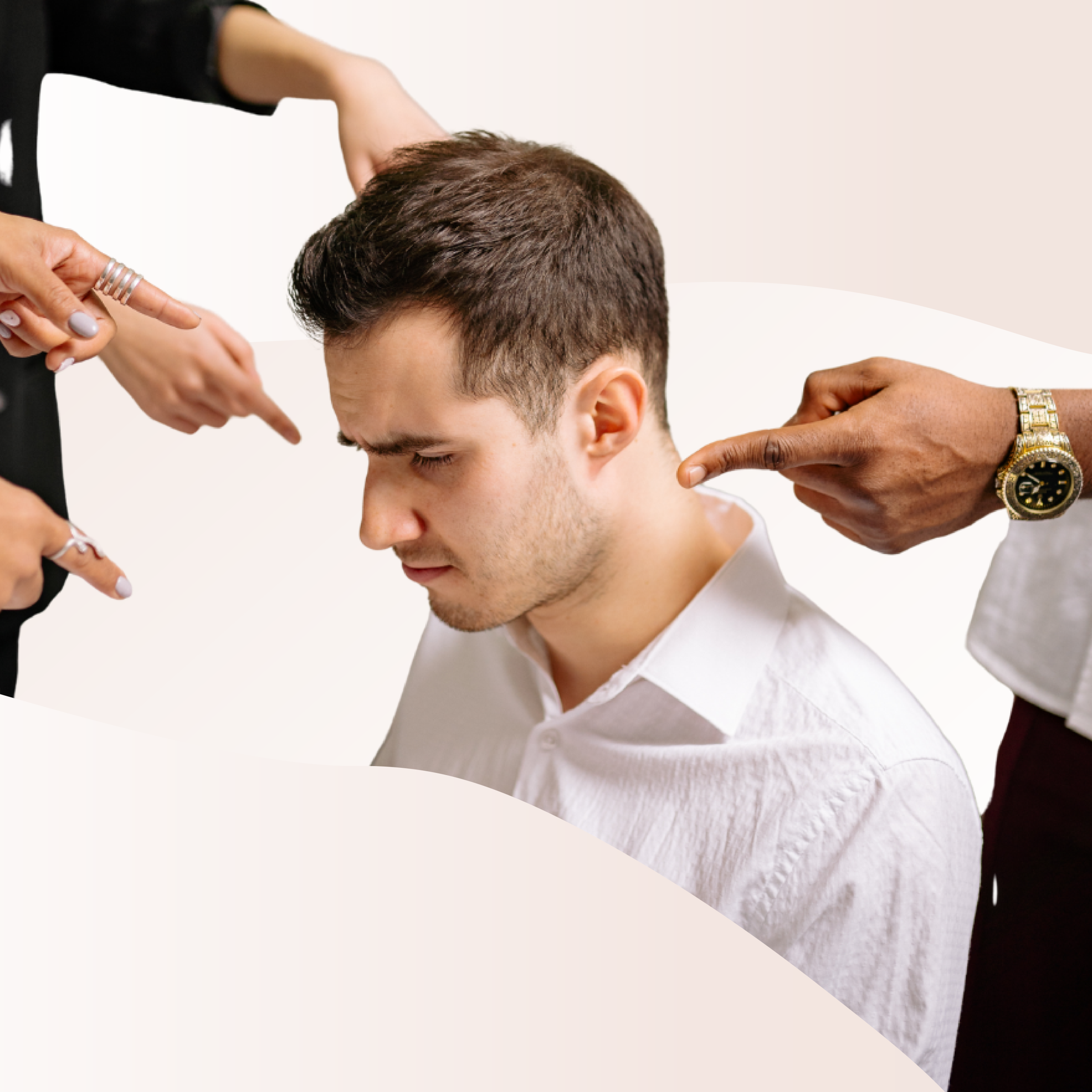 Group of people pointing at someone and making them uncomfortable