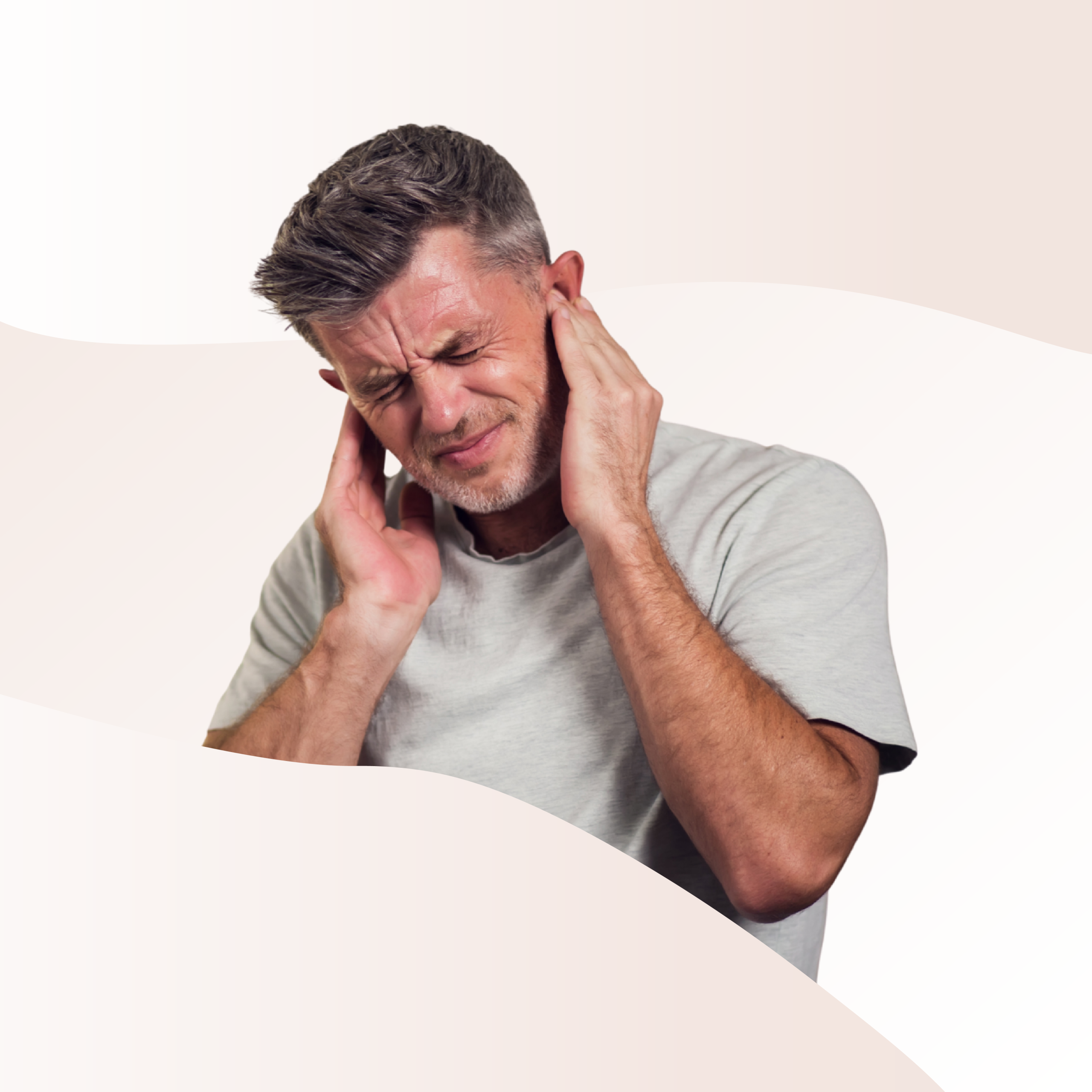 Someone looking uncomfortable with their hands over their ears.