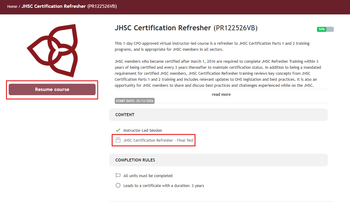 Select resume course or final test