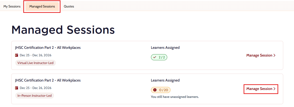 Manage Sessions screen