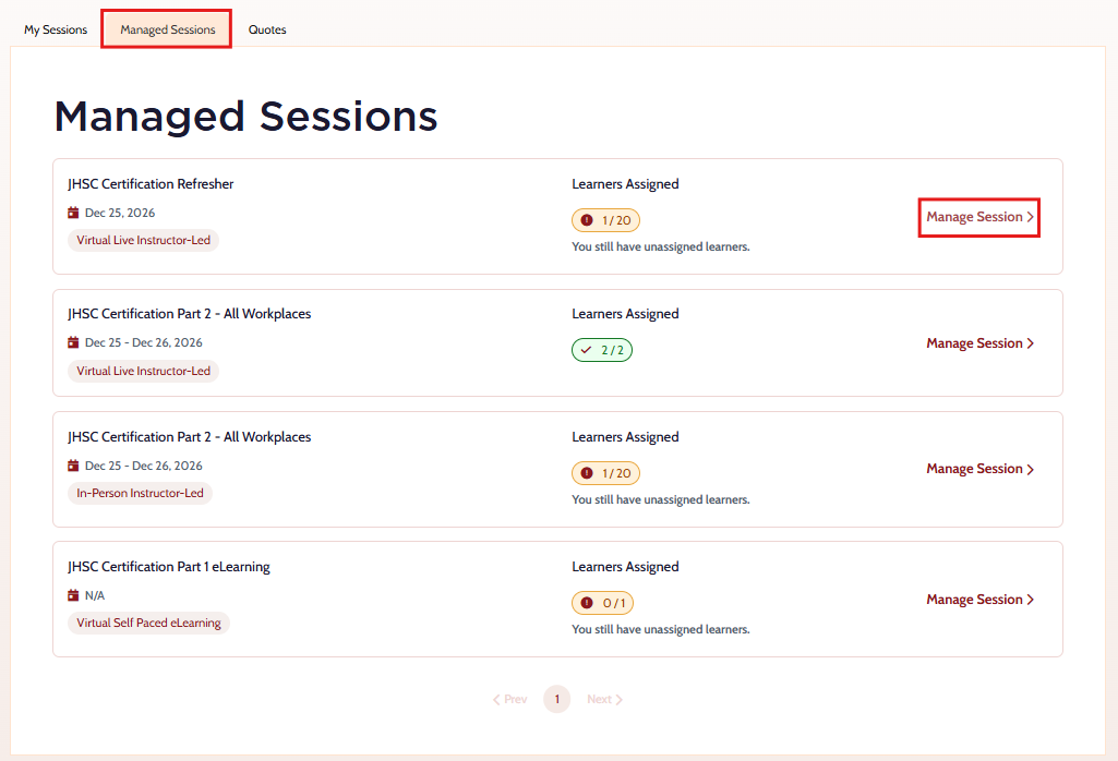 Managed Sessions page displaying various sessions