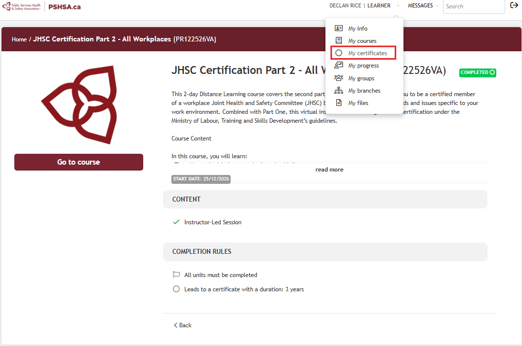 Learner dropdown menu with My Certificates option