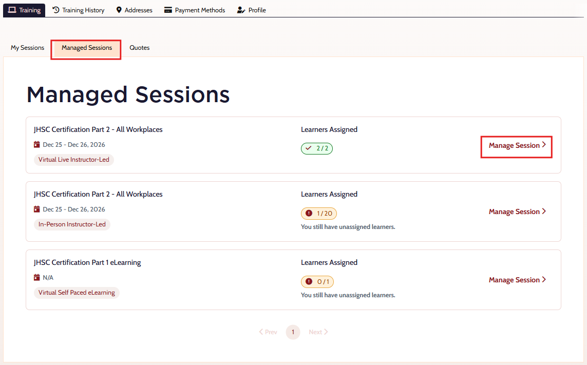 Select Session Details screen