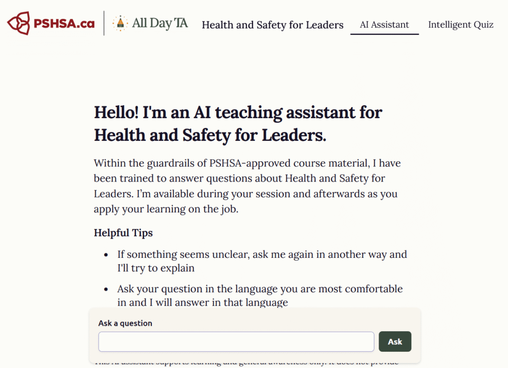Chat screen for All Day TA. The text introduces the AI assistant and gives tips on how to best use it.