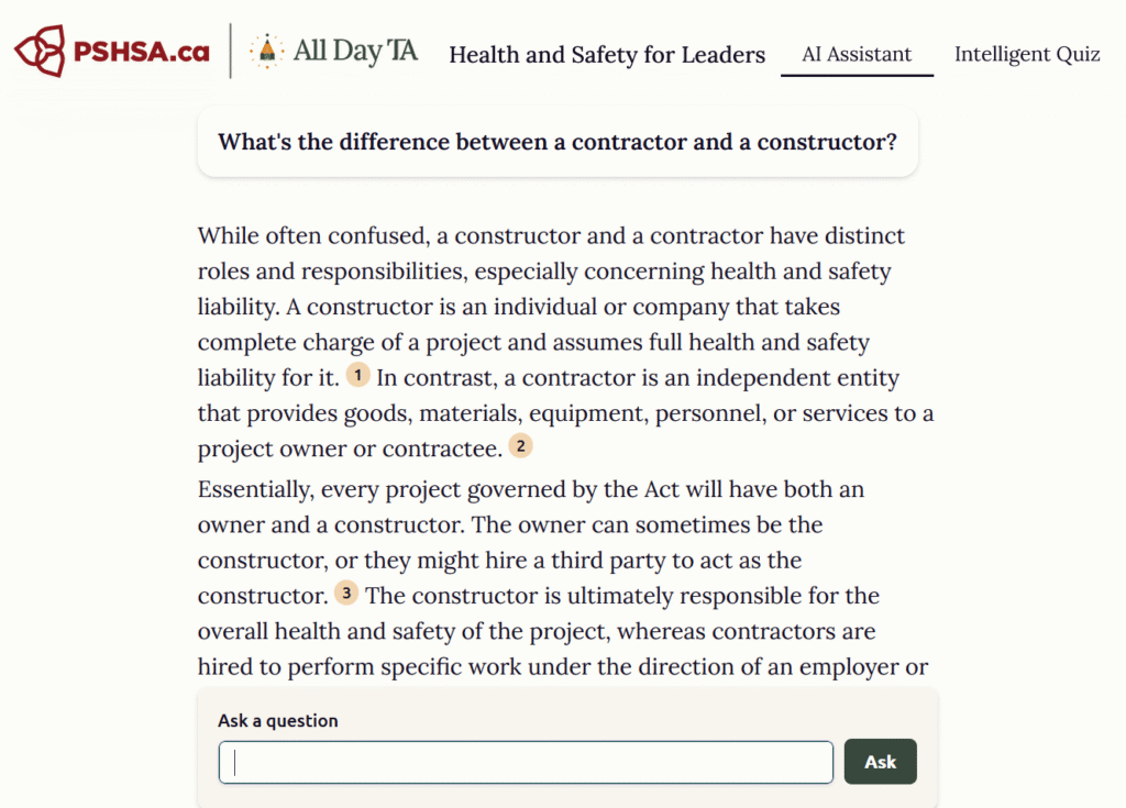 Chat screen where the learner asks a question and receives an answer marked with footnotes.