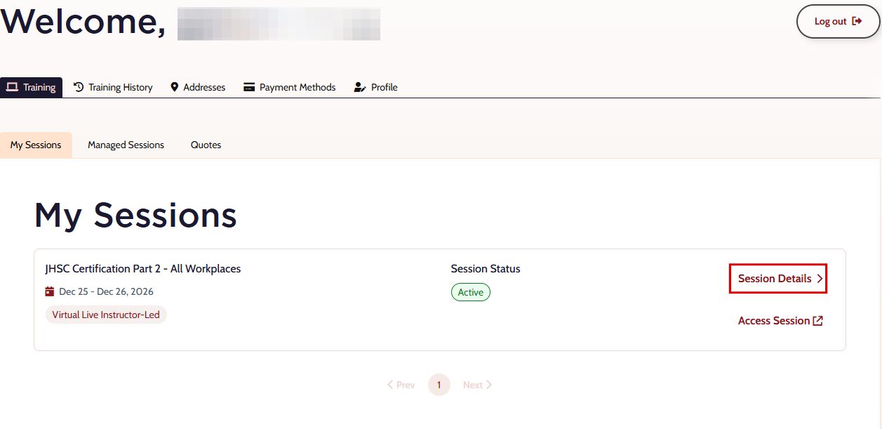 My Sessions and Managed Sessions tabs in the PSHSA Portal