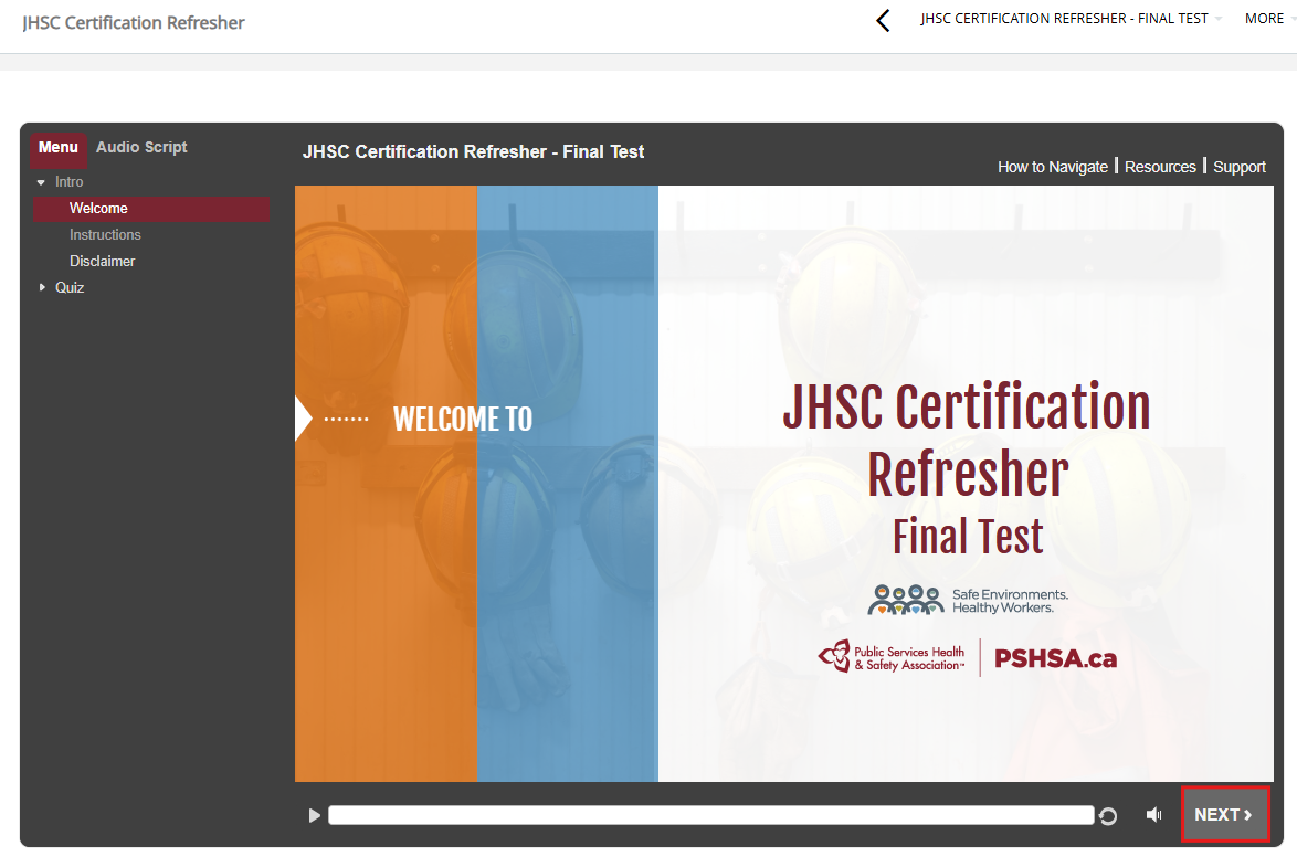 To begin Test click next