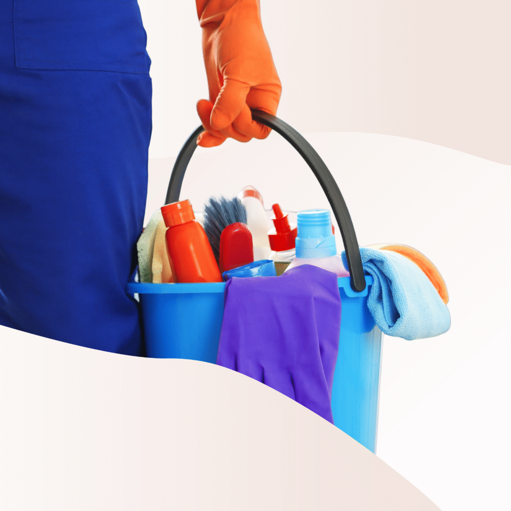 Someone carrying a bucket of cleaning supplies