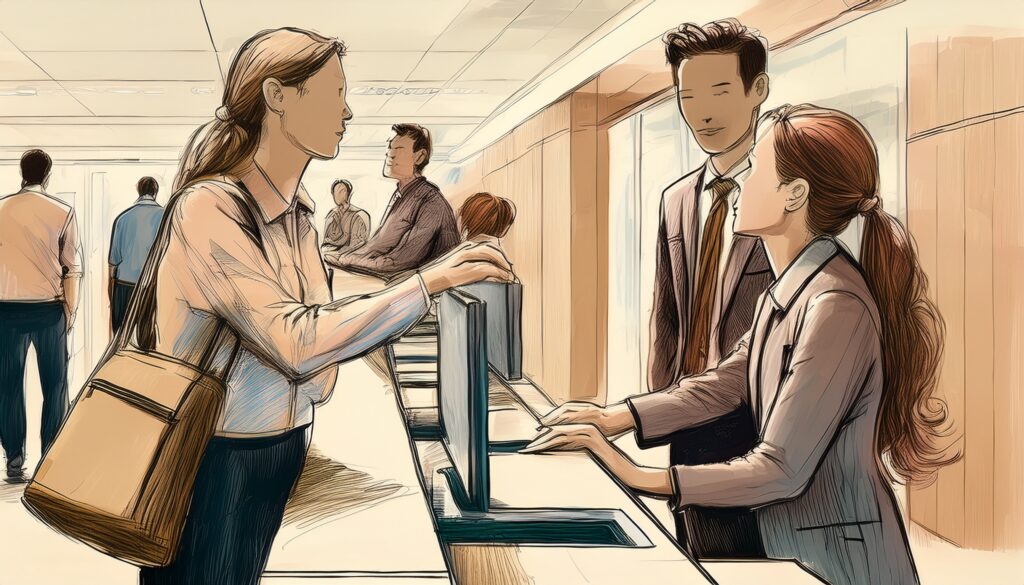 A water colour image of someone arguing with two workers